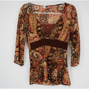 Vintage Paisley V-Neck Top Brown Orange Lace Top Small Indie Earthy Boho Y2K